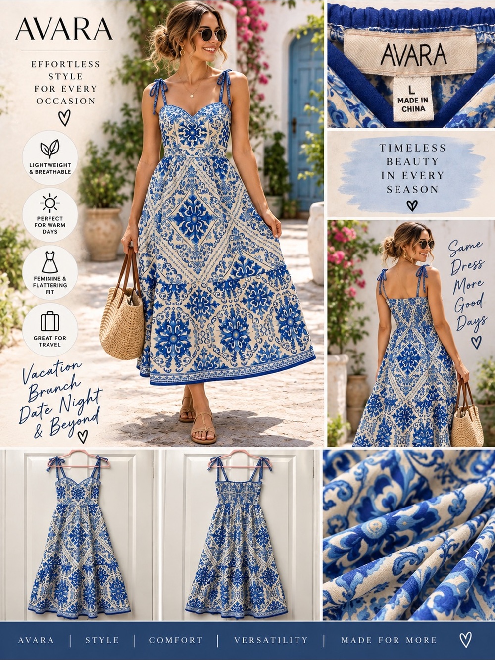 Avara Blue White Tile Print Maxi Dress Size L Tie Strap Resort Vacation